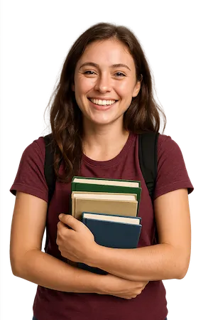 Smiling student holding a stack of books