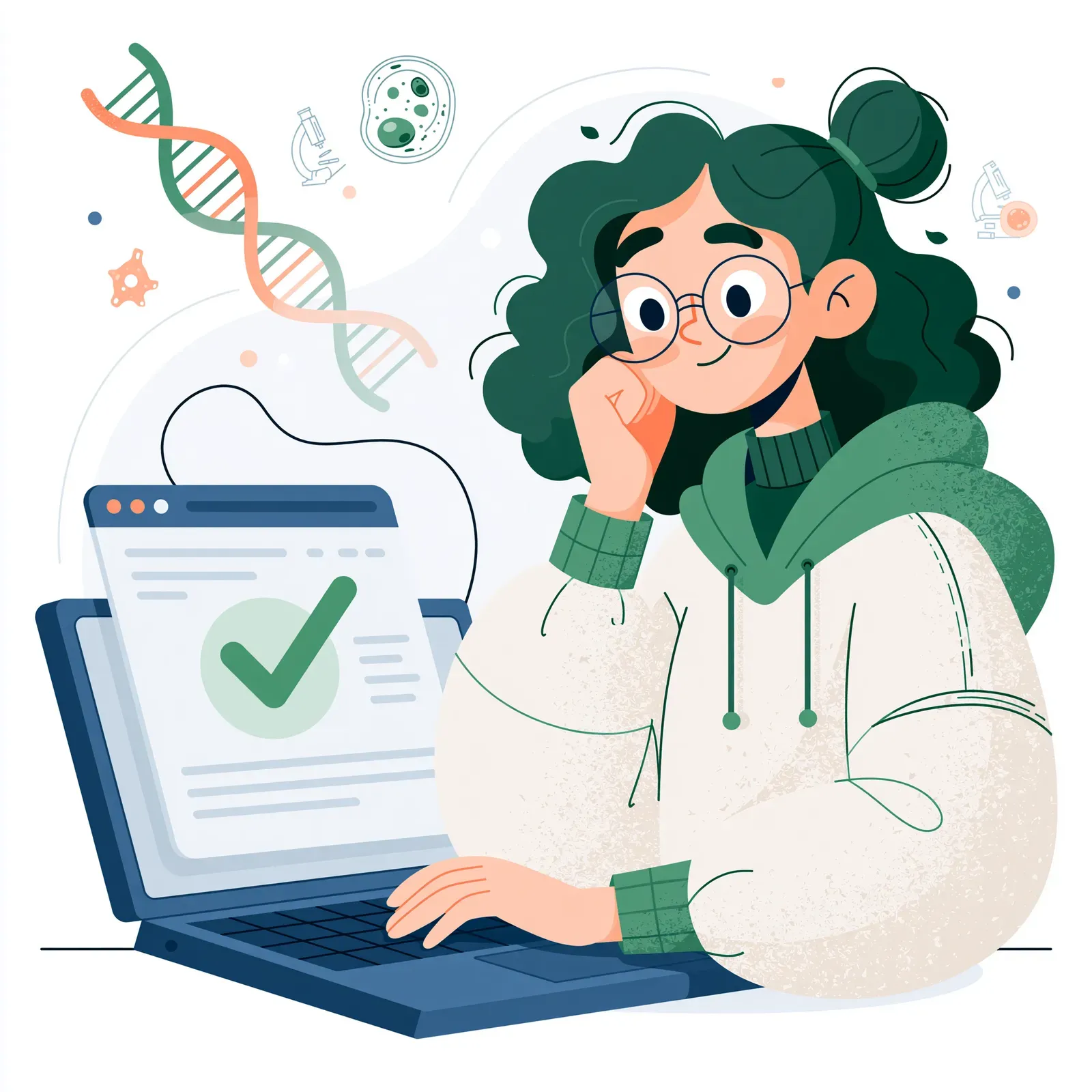 Relieved Mastering Biology student at a laptop showing an answer marked correct with a green checkmark, with a DNA strand, cells, and a microscope in the background