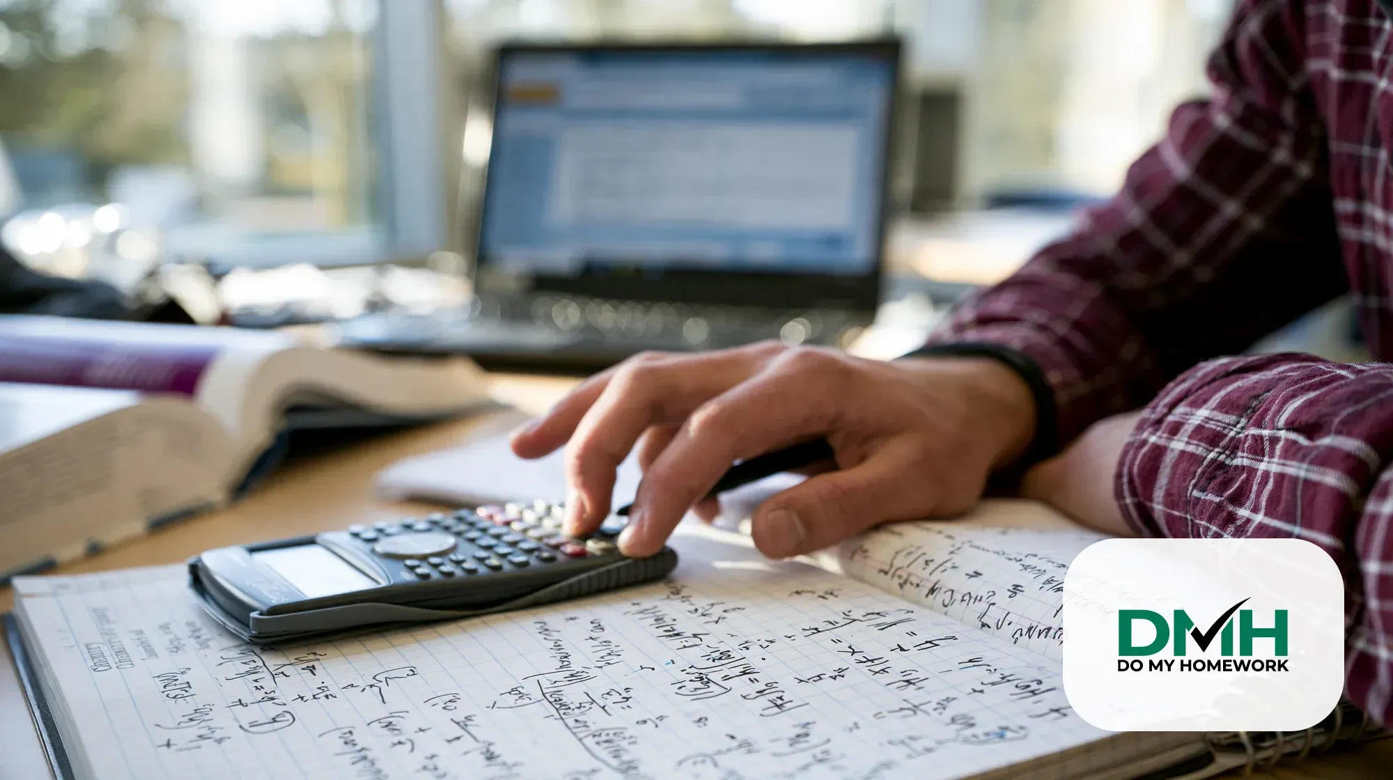 Close-up of a college student's hand on a scientific calculator over a notebook full of handwritten chemistry calculations, with an online homework assignment open on a laptop in the background