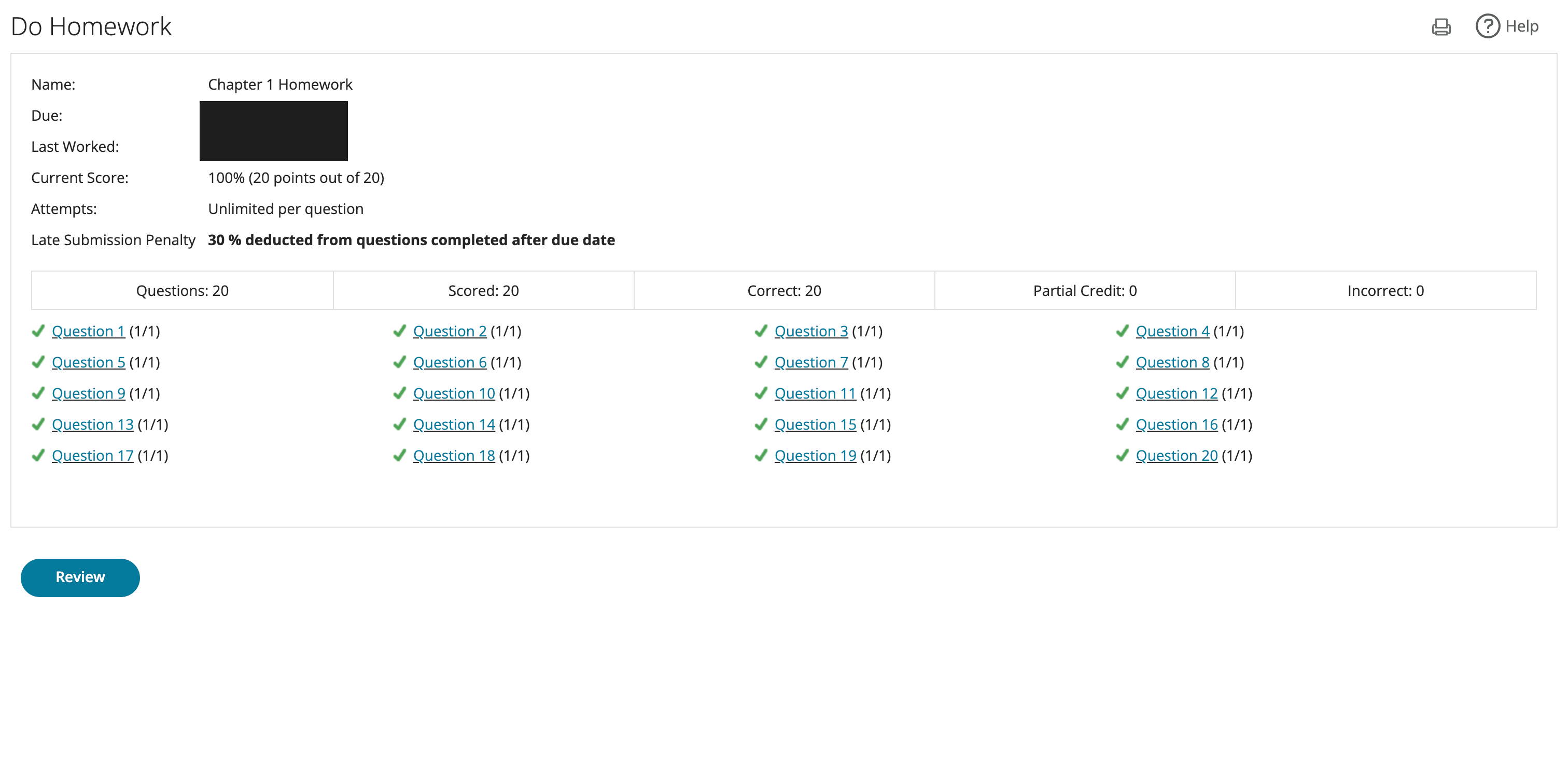 MyStatLab Chapter 1 Homework results showing 100% (20 out of 20 questions correct), completed with our expert's help. Due date redacted for student privacy.