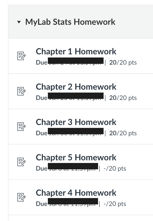 MyStatLab homework assignment list showing full marks, 20 out of 20 points, across multiple chapters, completed with our expert's help. Due dates redacted for student privacy.